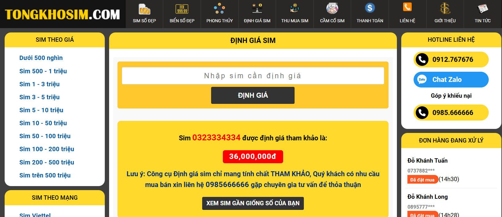 Dịch vụ định giá sim tại tongkhosim.com