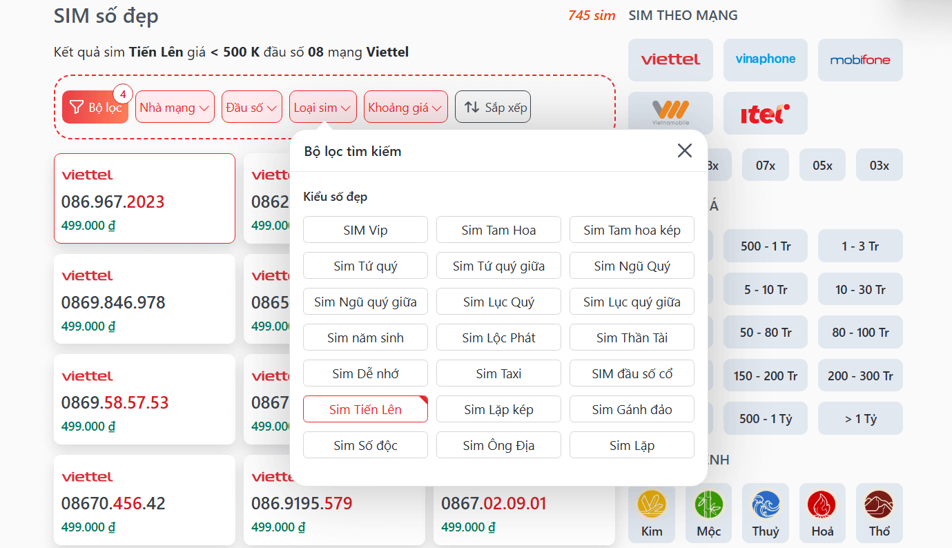 Bộ lọc tìm kiếm sim số đẹp tại SIM.vn